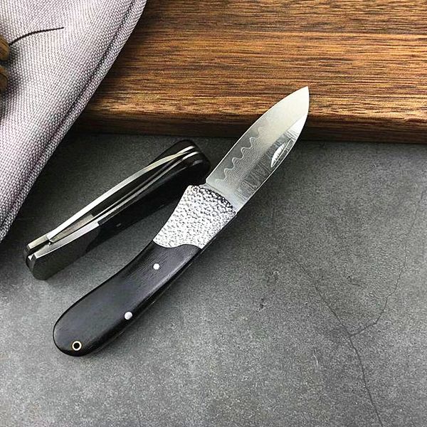 Promozione Coltello pieghevole piccolo con lama in acciaio damasco 59HRC Lama Drop Point in ebano + manico in acciaio Coltelli tascabili EDC