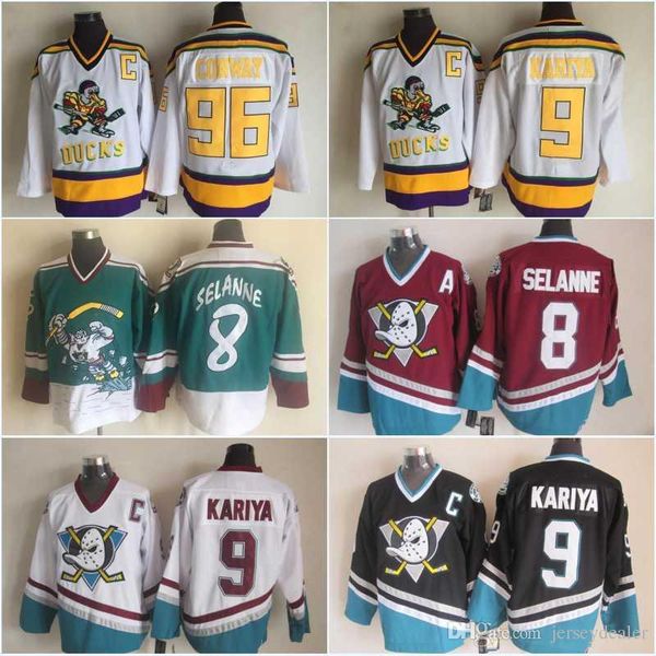 

Men Anaheim Ducks 8 Teemu Selanne 9 Paul Kariya 96 Charlie Conway Mighty Ducks of Anaheim "Wild Wing" 1995-1996 Vintage Hockey Jerseys