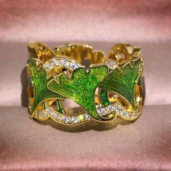 

cute green flower epoxy ring with bling zircon stone for women wedding engagement fashion jewelry gold ring, Golden;silver