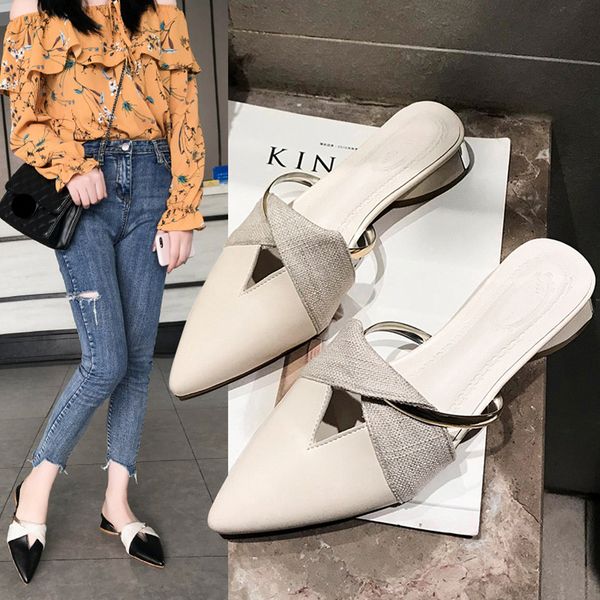

pointed toe shoes woman 2020 slippers flat square heel luxury slides loafers female mule slipers women rivet med block designer, Black
