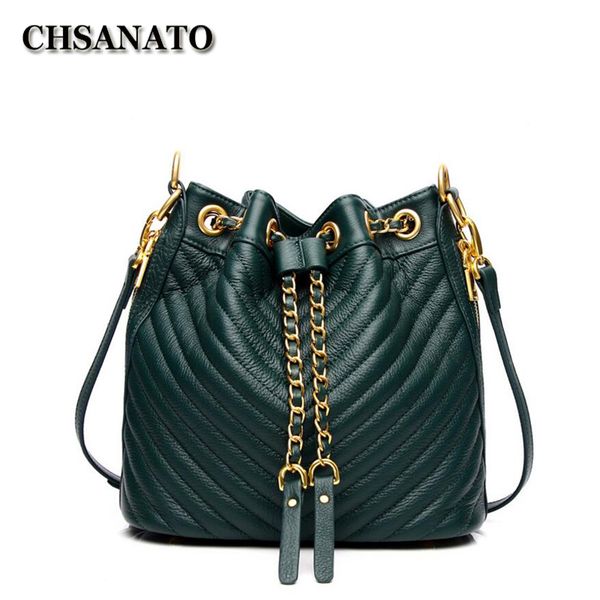

chsanato 24cm messenger bag for women bucket shoulder bag drawstring cowhide leather lady handbag designerbolsos mujer