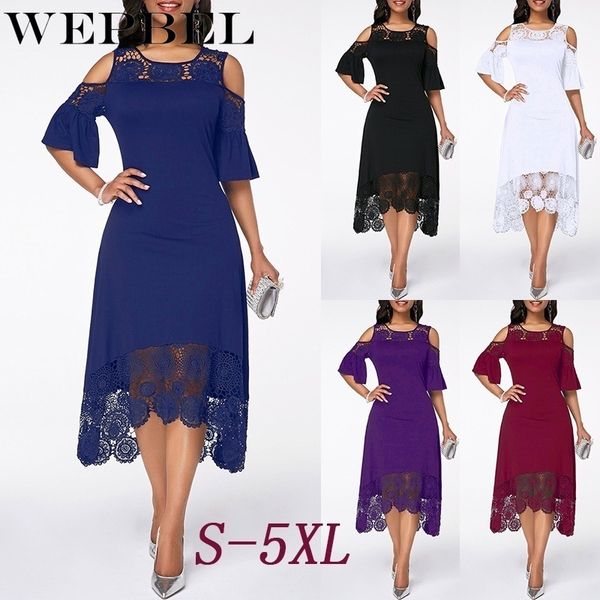 

wepbel women dress summer plus size lace floral flower dress cold shoulder irregular party ladies long maxi dress, Black;gray