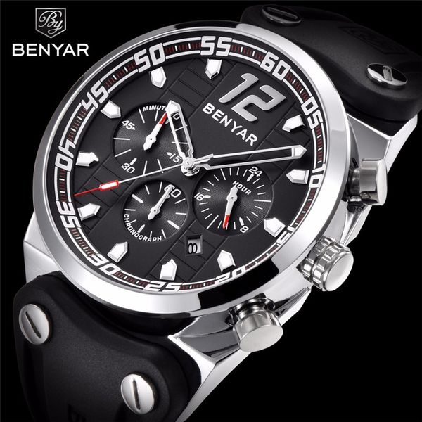 

business men watch benyar brand new silicone strap multifunction chronograph watch casual men quartz clock relogio masculino, Slivery;brown