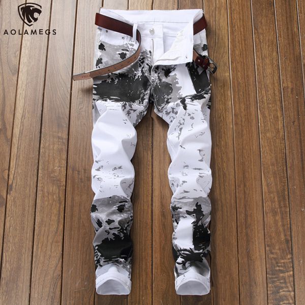

aolamegs jeans men camouflage print fashion denim pants harajuku casual slim fit trousers spring high street casual streetwear, Blue