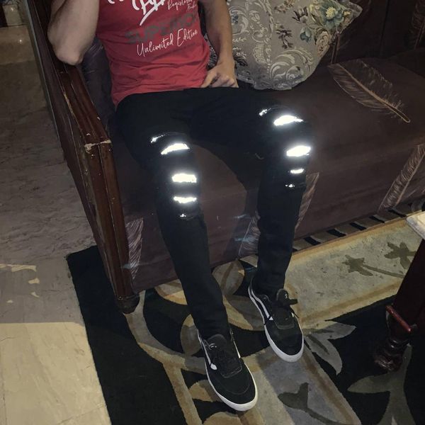 

men autumn reflective ripped jeans black slim fit denim pants men's vintage casual hip hop punk skinny biker jeans, Blue