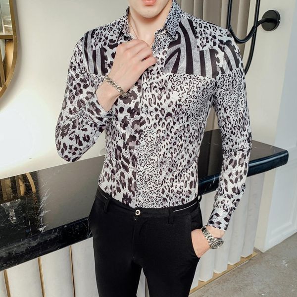 

leopard print shirt men long sleeve casual slim fit shirts night club social tuxedo shirts male clothing chemise homme, White;black