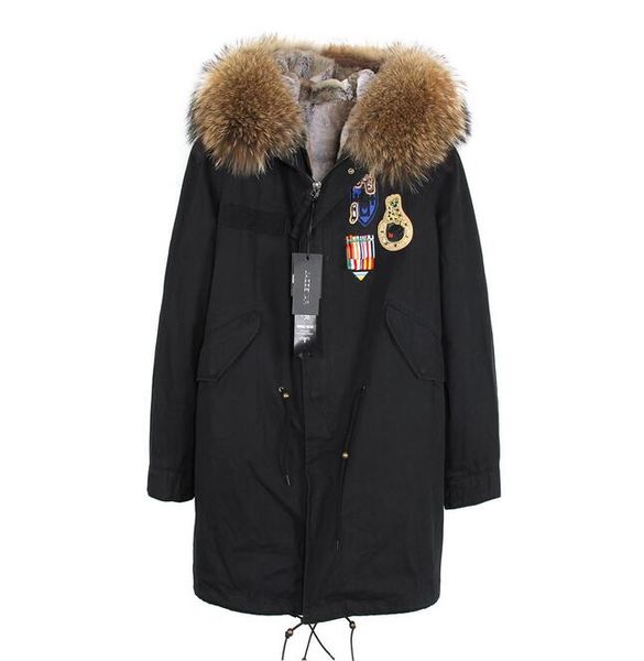 

2019 jazzevar brand brown fur khaki grey stripe rabbit fur lined black long parka embroidery appliques winter snow fur coats