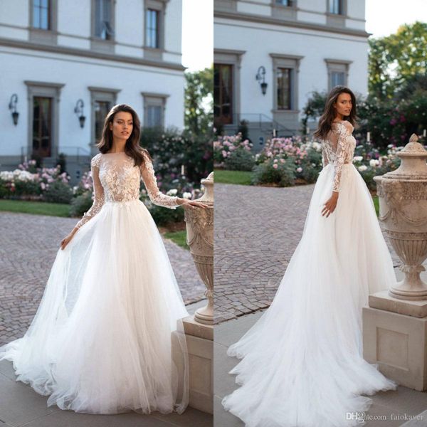 

plus size milla nova bohemian beach a line wedding dresses appliqued lace long sleeve sweep train wedding dress bridal gowns robes de mariée, White