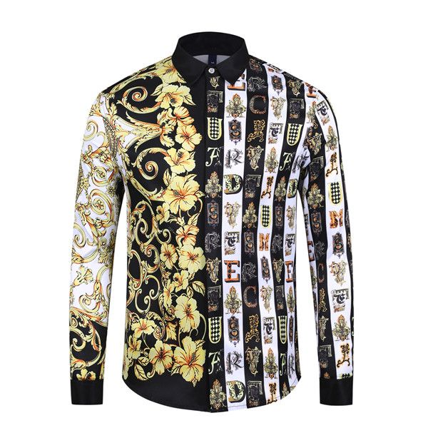 

men's famous brand designer clothes men galaxy golden dragon flower print long sleeve 3d shirt baroque printing medusa shirt, White;black