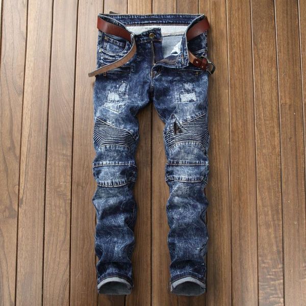 

jeans men moto & biker denim slim pleated spliced bleached cowboy fashion wild washed male straight jean tide, Blue