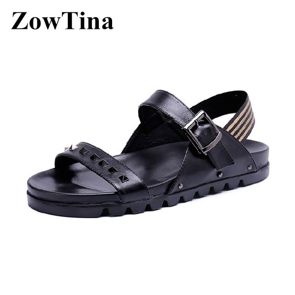 

2020 new black leather men sandals rivets casual flats beach flip flops italian design strap sandalias hombre sapato espadrilles