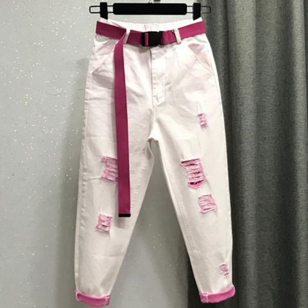 

candy hit color jeans 2019 spring summer women new loose hole light green ankle length harem jeans, Blue