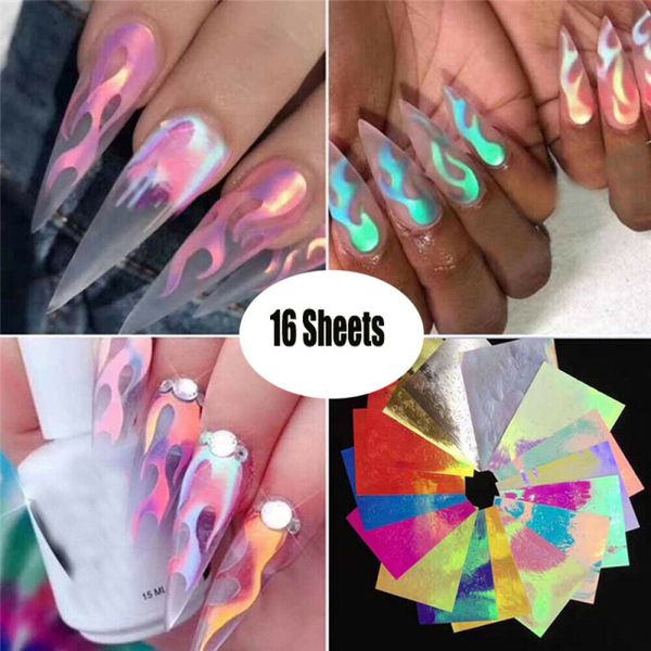 

16 sheets wrap paper foil tip tattoo manicure stickers holographic fire flame hollow sticker for nail pattern painting nail art, Black
