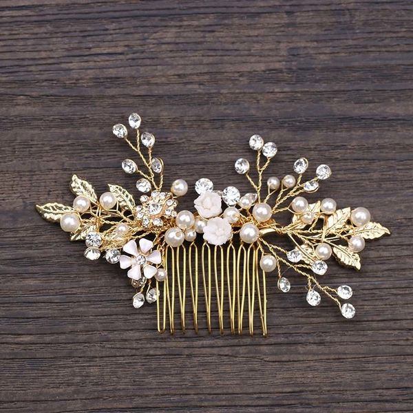 

forseven women gold pearl rhinestone hair combs leaf flower handmade bride headdress wedding bridal head piece hair ornaments jl, Golden;white