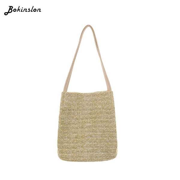 

bokinslon straw shoulder bag fashion womens wild woven bucket bag portable female casual