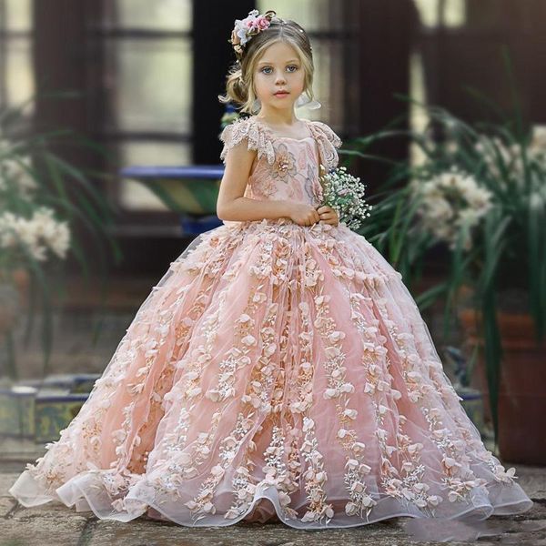 Lindos vestidos de flor de renda rosa para meninas com decote em joia frisado 3D floral aplique vestido de desfile infantil espartilho nas costas vestidos de baile infantil