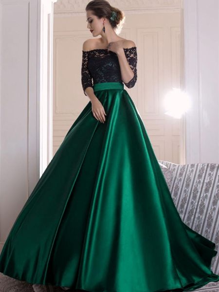 

black lace dark green satin prom party dresses off shoulder 3/4 long sleeve a line floor length long evening gowns formal occasion