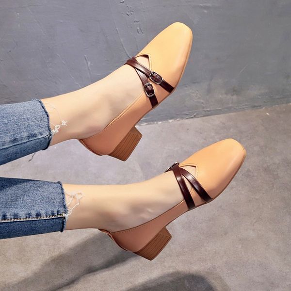 

square head shoes female spring 2019 korean-style korean-style semi-high heeled grandma shoes chunky-heel shallow mouth sh, Black