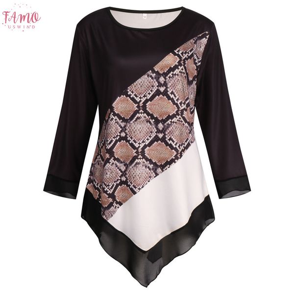 

2019 t shirt women lrregular hem long sleeve female t shirt patchwork snake print tshirt casual women clothes 2019 oversized 5xl, White