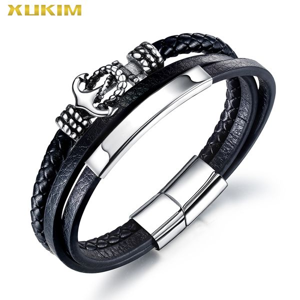 

xukim jewelry multilayer leather men fasion handmade black rope wrap bracelet & bangle 2020 punk jewelry dropshipping kbo239