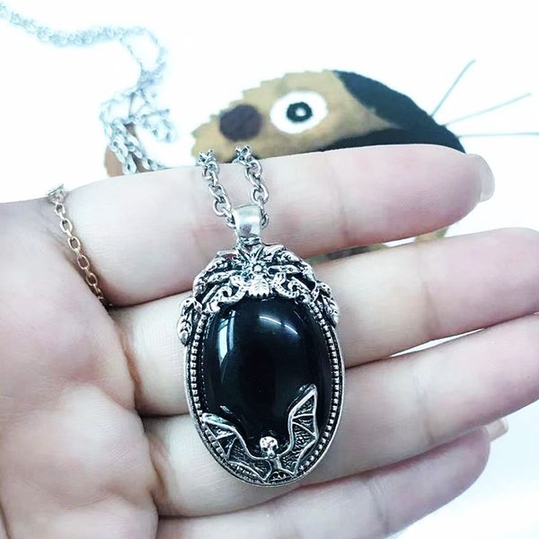 

personality fashion bat necklace female vintage black gem sweater chain, Silver