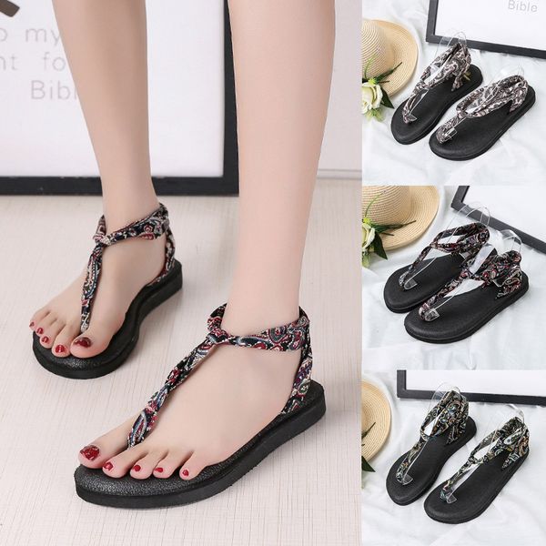 

women's summer slip-on flat national style bohemia sandals open toe breathable sandals beach shoes large size contrast, Black