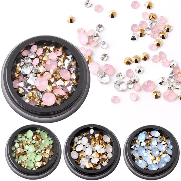 

1 box 3d colorful diy crystals nail glitter multi-size sharp bottom nail art rhinestones manicure decor accessories, Silver;gold