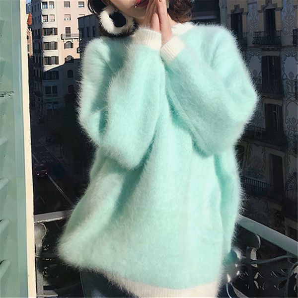 

jsxdhk elegant autumn winter women mink cashmere soft long pullovers fashion mohair thick knitted loose lazy warm sweater, White;black