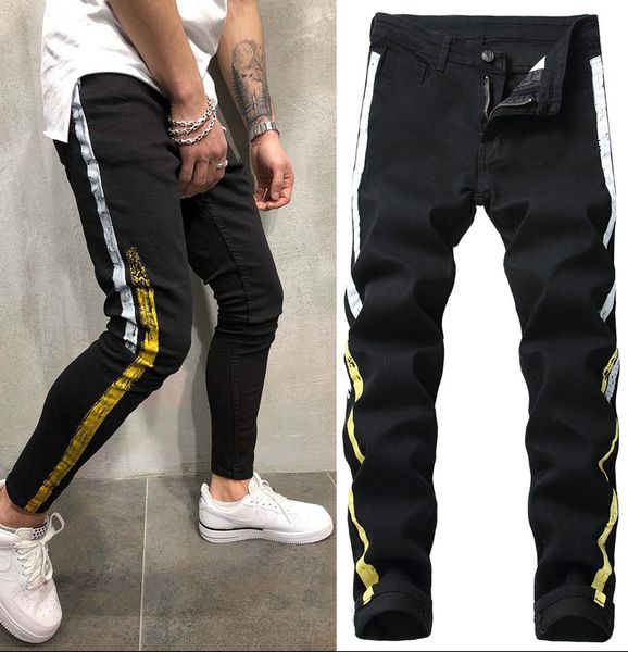 

mens skinny jeans printing casual runway slim elastic jeans denim pants washed high quality, Blue