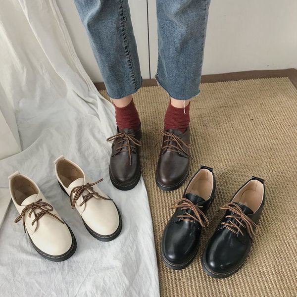 

all-match womens derby shoes casual female sneakers soft british style round toe elegant autumn flats leather retro preppy new, Black
