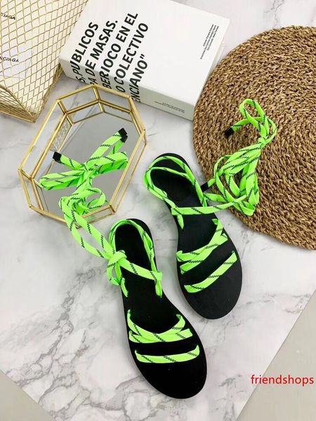 

luxury women designer sandals fluo green low-heel sandal classic genuine leather rubber sole laces sandals women platform shoes