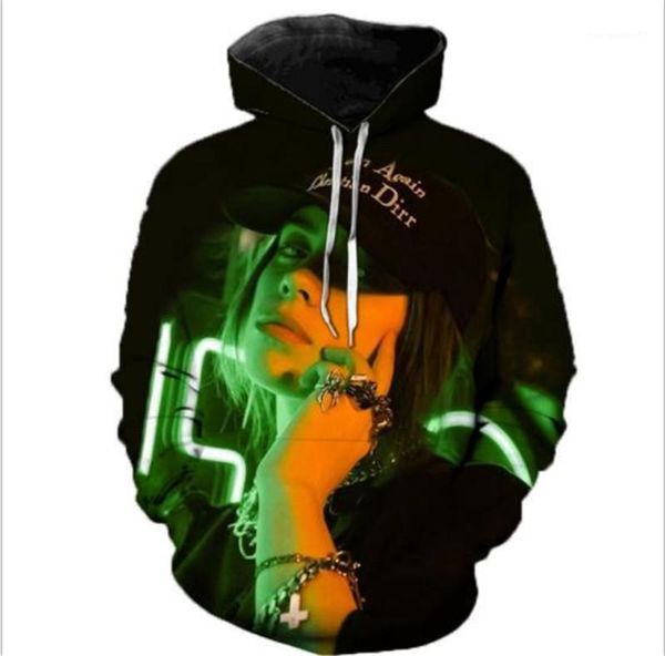 

3d designer singer printed hooded loose pullover mens zipper clothing billie eilish hoodies, Black