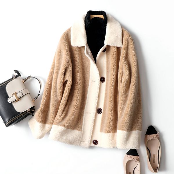 

autumn 100% wool winter coat women fluffy jacket autumn button plush thick casual plus size lamb winter fur coat female overcoat, Black