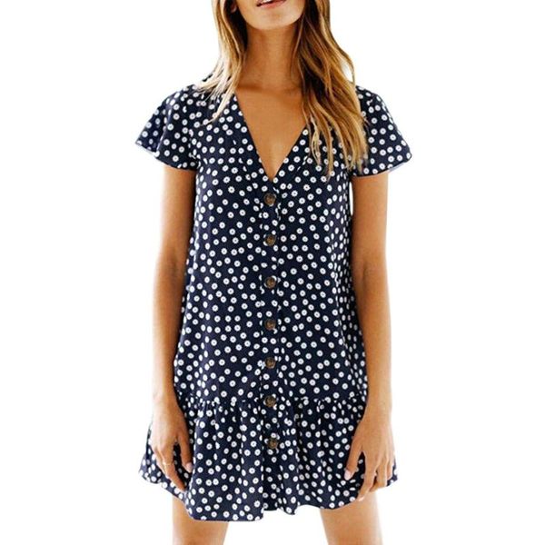 

casual dresses stylish bohemian dress loose and womens polka dot v neck button down ruffles short sleeve summer beach, Black;gray