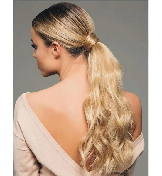

human hair ponytail wrap around body wavy, 120g, 50cm long natural ponytail clip in hair extension honey blonde 613 color wrap pony tail, Black