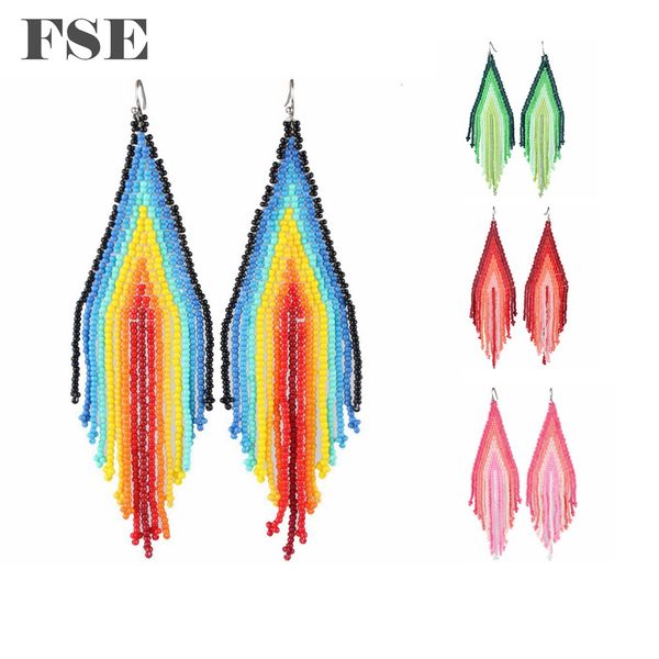 

multi color seed beads woven long dangle earrings bohemian beads drop earrings traditional ethnic earrings women handmade jewelry esf2438, Silver