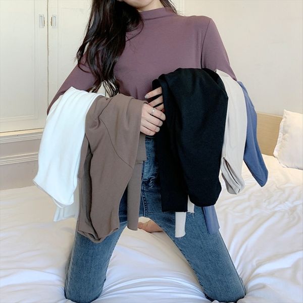 

2020 season semi-high collar solid color base women's thin cotton long sleeve t- shirt t-shirt women's top, White