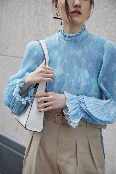 

women fashion female prints pleated shirt ddxgz2 loose blouse new flower jhepe
