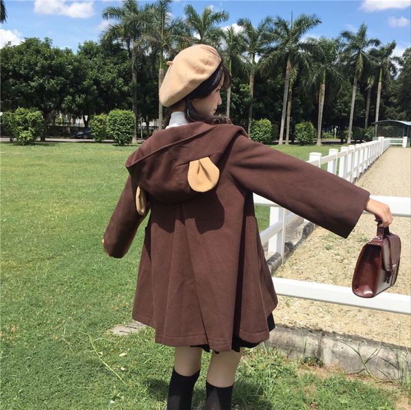 

sweet woolen coat women autumn and winter 2020 popular day soft girl cute bear ears hooded loose girl coat, Black