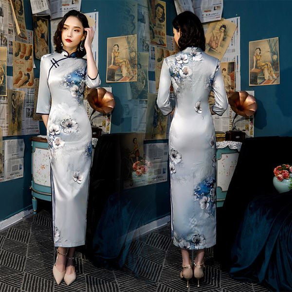 

new arrival traditional women plus size 4xl qipao lady rayon long printing cheongsam handmade button vintage chinese dress, Red
