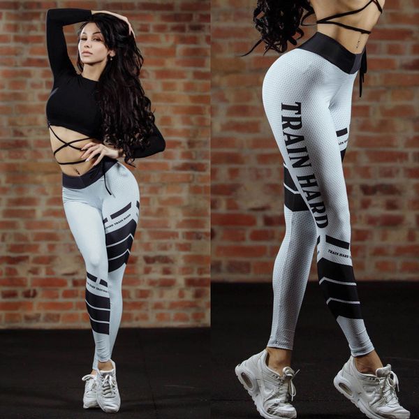 

elastic slim letter printed striped women leggings high waist bodybuilding clothing roupas de academia femininas fitness ez*, Black