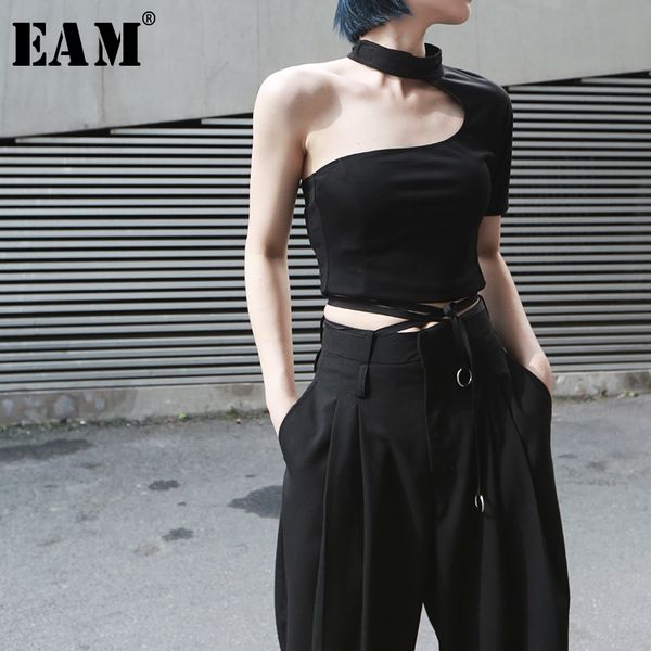 

eam] 2019 new spring summer round neck short sleeve backless irregular brief personality short t-shirt women fashion tide jx391, White