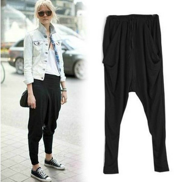 

nifullan new women elastic high waist harem pants pleated sweatpants dance trousers black loose plus size hip hop pants, Black;white