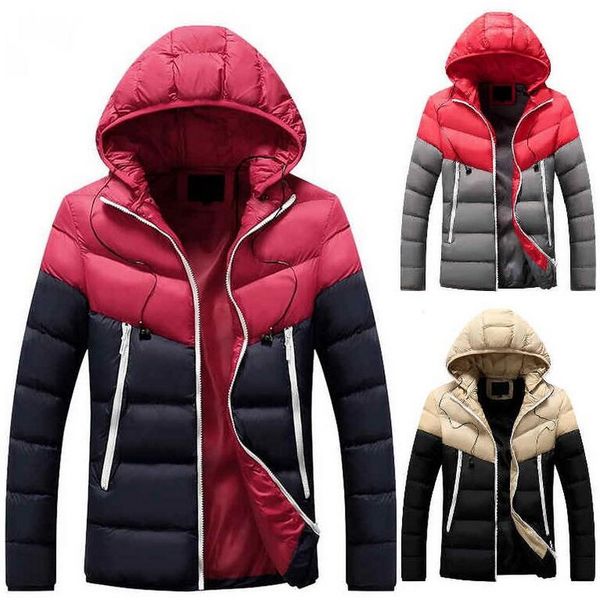 

winter coat men patchwork casual hooded parka jacket homme slim fit jackets streetwear coats sporty fashion winter warm coat, Black