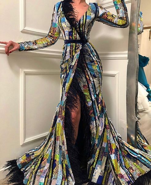 

Long Sleeve Sexy Luxrious Evening Dresses 2019 Evening Gowns Feather Formal Prom Dress vestido de festa Abendkleider Robe De Soiree