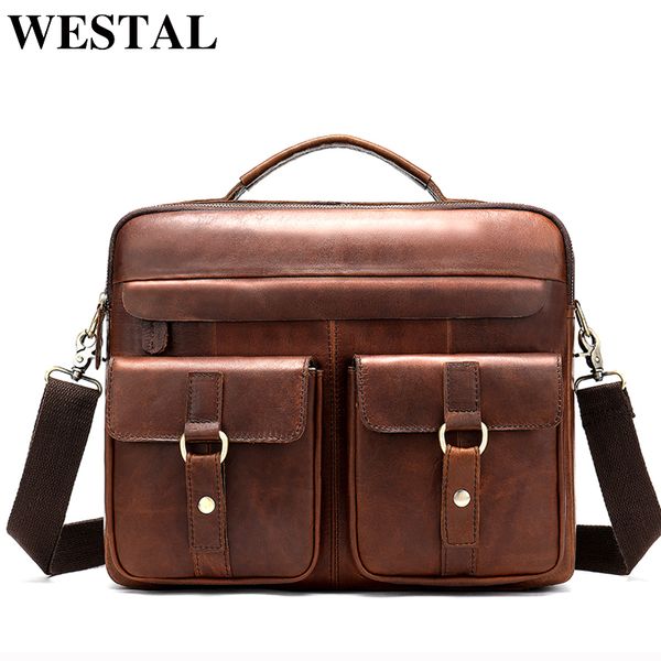 

westal bag men's genuine leather male briefcase lapbag leather bags for men a4 documents bussiness tote shoulder handbag 80