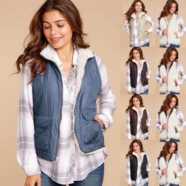 

abrigos mujer invierno 2019 winter coat women solid sleeveless outerwear plush zipper pocket reversible jacket vest coat manteau, Black;white