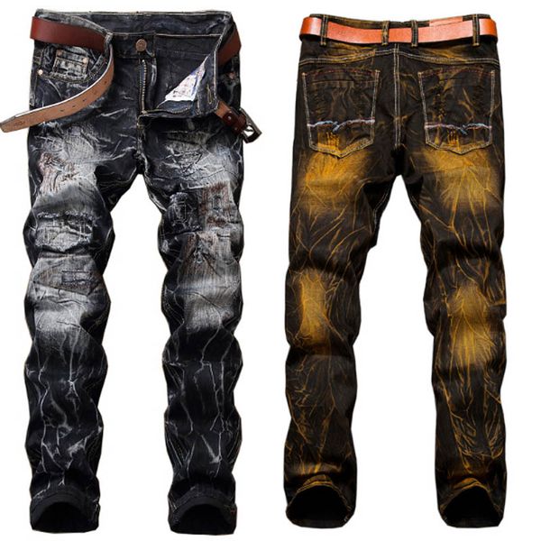 

новый конструктор мужские джинсы мужские проблемные рваные джинсы тощий классический промывают тонкий мото байкер причинная mens denim брюки, Blue