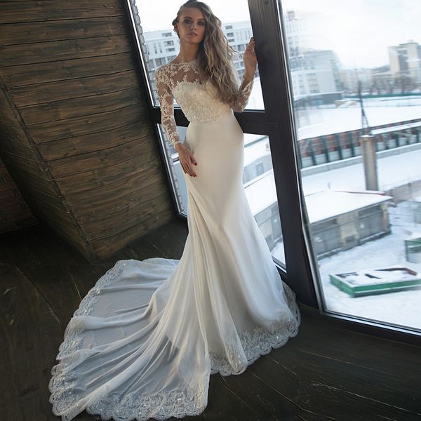 

charming mermaid wedding dresses scoop lace long sleeves beading sequined chiffon v back bridal gown custom made, White