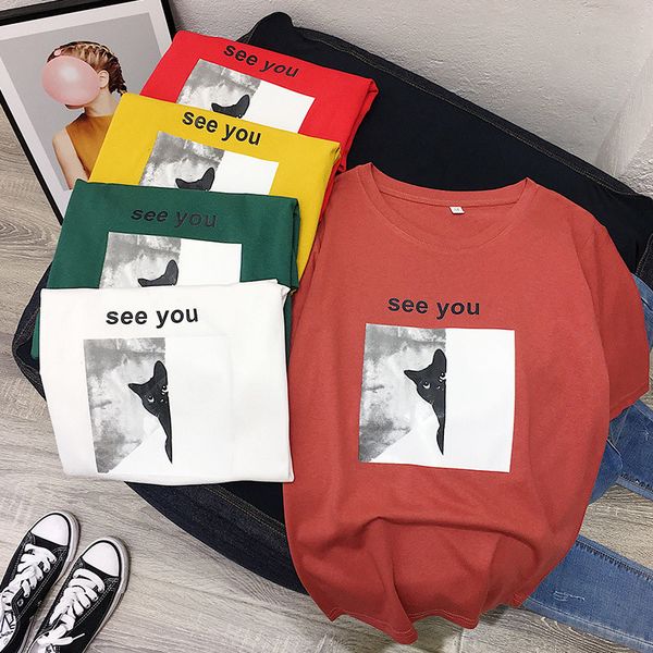 

womens t shirt women funny t shirt women short mouw 2019 summer cute cat printed tshirt katoen harajuku kwaii t, White